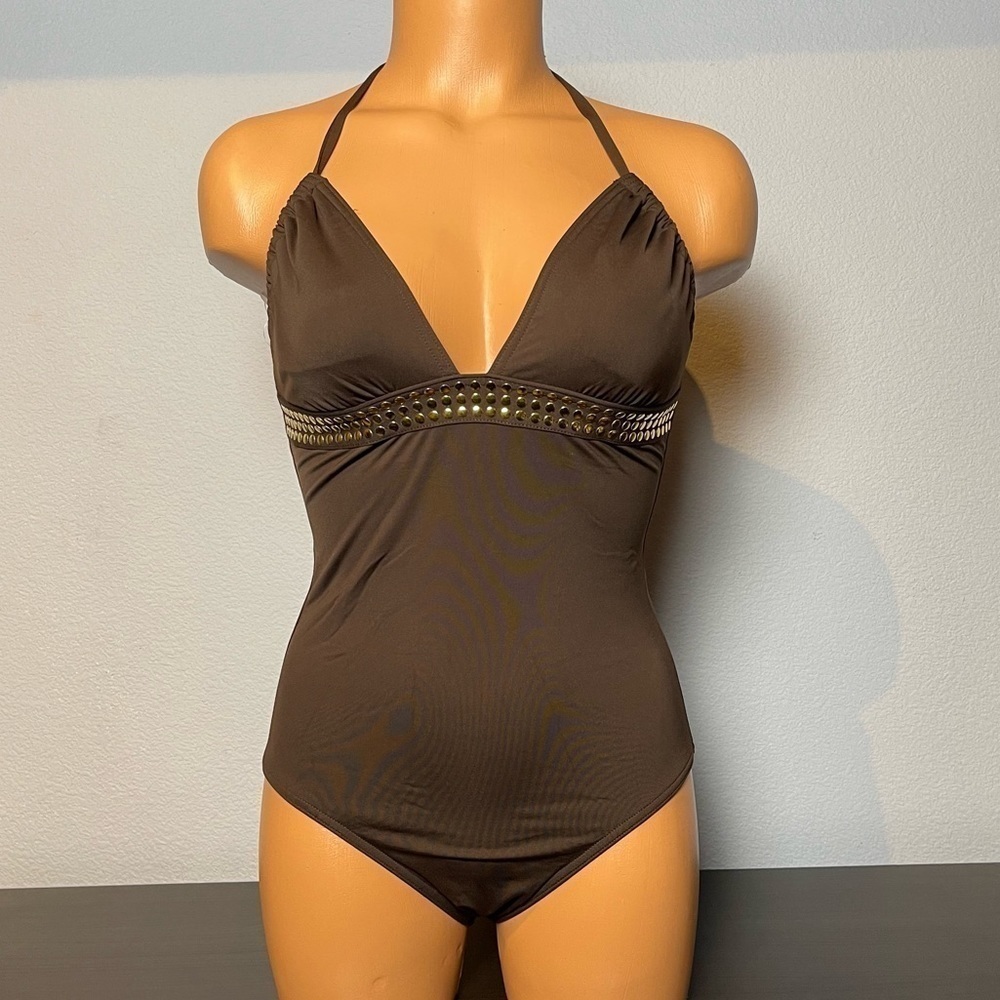 Nwt Michael Kors Chocolate Gold Studded Halter Tank Swimsuit (SW09)